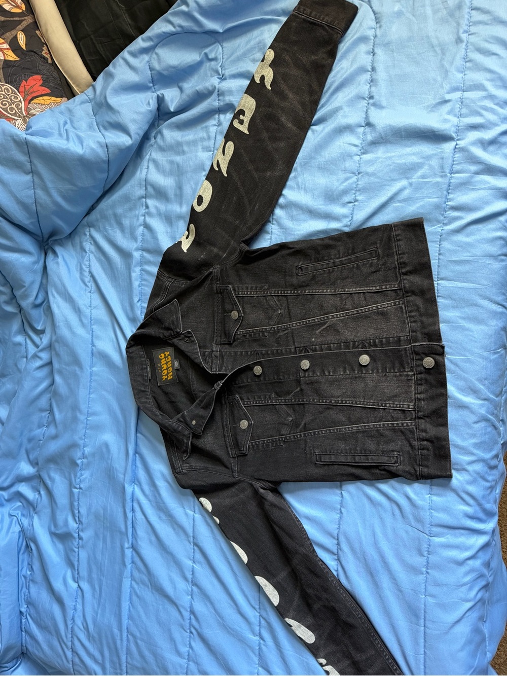 American Eagle Outfitters Black Denim Jacket with White Sleeve Lettering